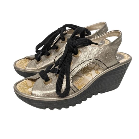FLY LONDON Ylva Metallic Leather Wedge Sandals 38 - Picture 2 of 13